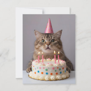 Postal Gato divertido con pastel de cumpleaños