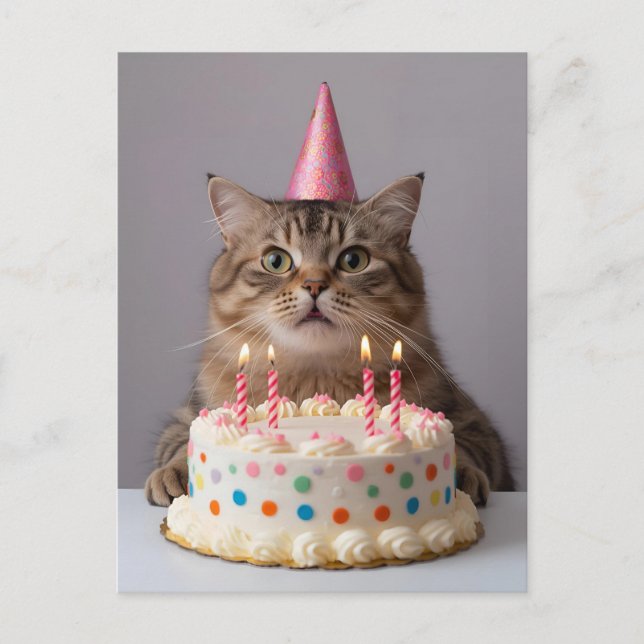Postal Gato divertido con pastel de cumpleaños (Anverso)