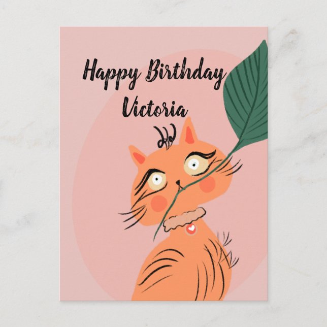 Postal  Gato Divertido Cumpleaños Cartoon Hoja de Planta  (Anverso)