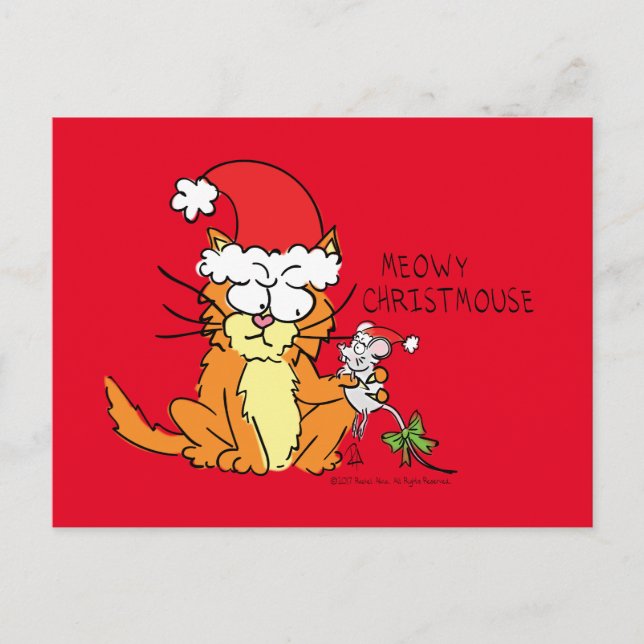 Postal Gato divertido dibujo animado de Navidad ratón lin (Anverso)