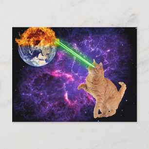 Postal Gato Divertido en la Galaxia Espacial Láser Tierra