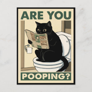 Postal Gato Divertido Leyendo Periódico en el Baño