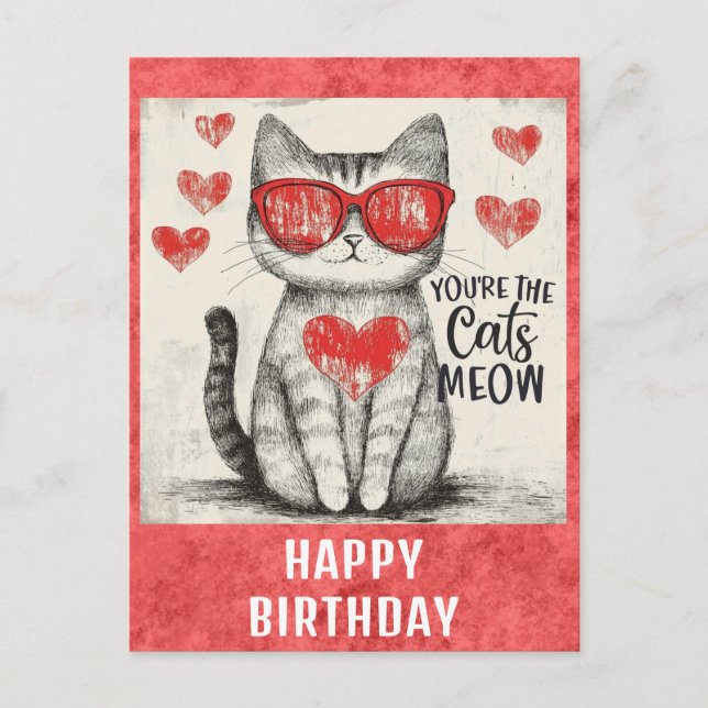 Postal Gato Divertido Lindo Cumpleaños Corazones Feliz (Anverso)
