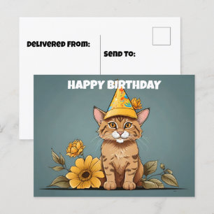 Postal Gato dorado asiático con sombrero de cumpleaños