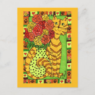 Postal Gato dorado con Rosas