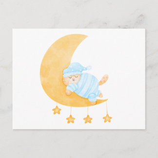 Postal Gato dormido en acuarela adorable en luna crecient