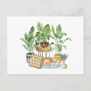 Postal Gato dormido en acuarela adorable y plantas de int