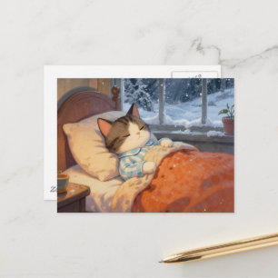 Postal Gato dormido lindo nieve de invierno afuera