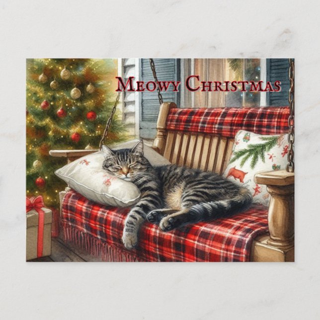 Postal Gato dormilón y árbol de Navidad  (Anverso)