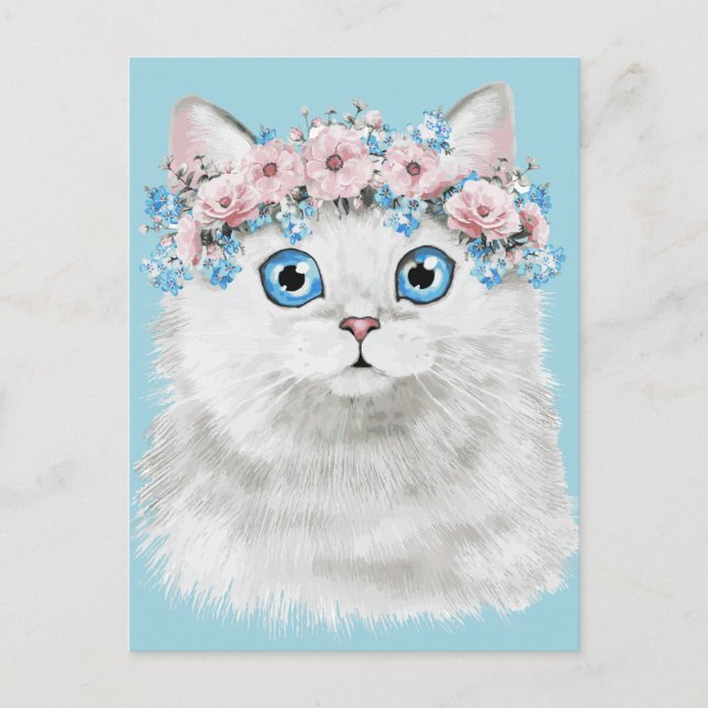 Postal Gato dulce blanco floral (Anverso)