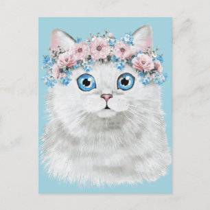 Postal Gato dulce blanco floral