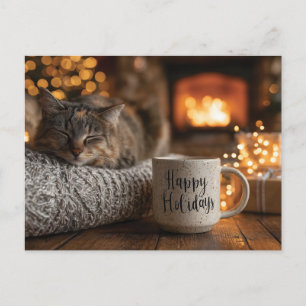 Postal Gato durmiendo junto a una taza con el letrero "Fe