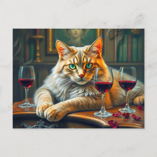 Postal Gato elegante con gafas de vino rojo