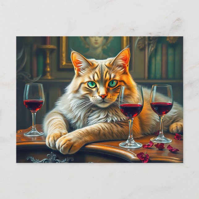 Postal Gato elegante con gafas de vino rojo (Anverso)
