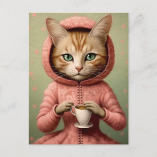 Postal Gato en Abrigo Rosa con café