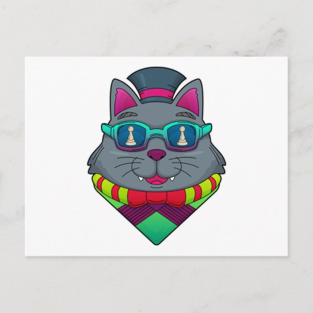 Postal Gato en ajedrez con peón de ajedrez (Anverso)