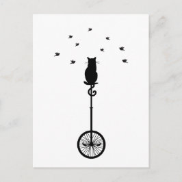 Postal gato en bicicleta vintage con aves