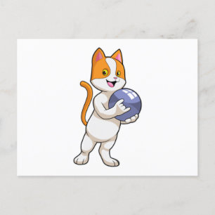 Postal Gato en bolos con bola de bolos