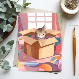 Postal Gato en caja de cartón | Gato de acuarela gatito
