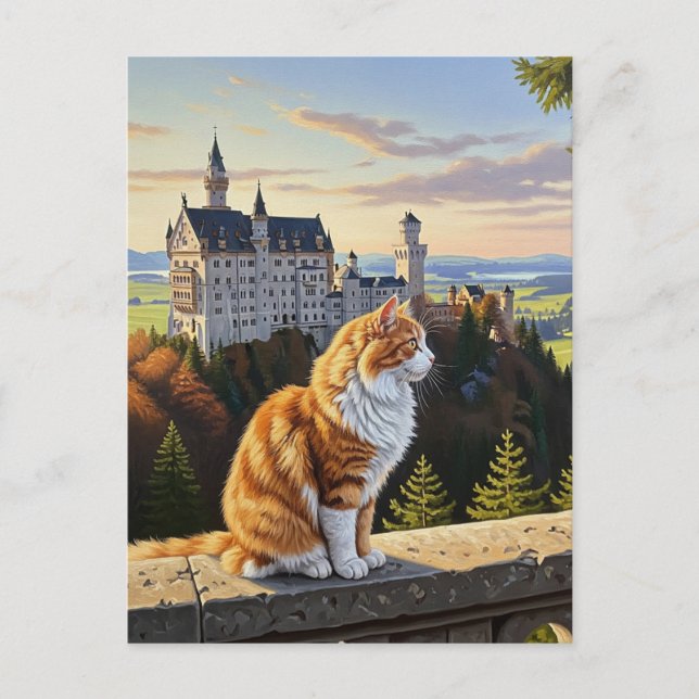 Postal Gato en el Castillo de Neuschwanstein Alemania Via (Anverso)