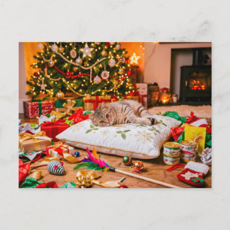 Postal Gato en el cielo de los regalos de Navidad