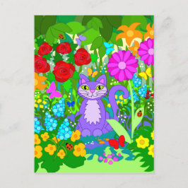 Postal Gato en el jardín Fantasía Flores Mariposas Ladybu