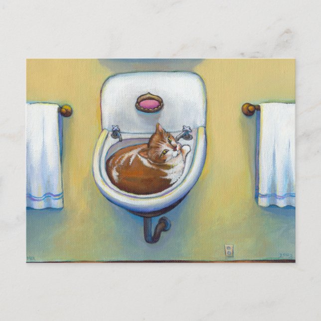 Postal Gato en el lavabo pintando arte divertido y capric (Anverso)