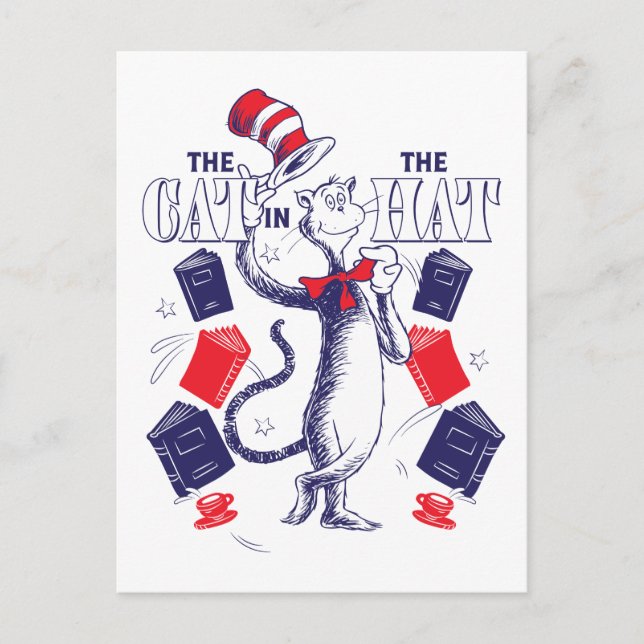 Postal Gato en el sombrero | Lectura de libros (Anverso)