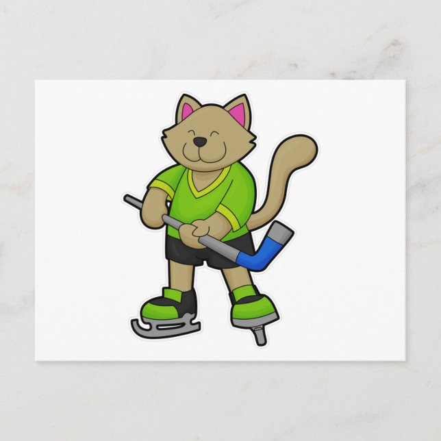 Postal Gato en hockey sobre hielo con palo de hockey (Anverso)