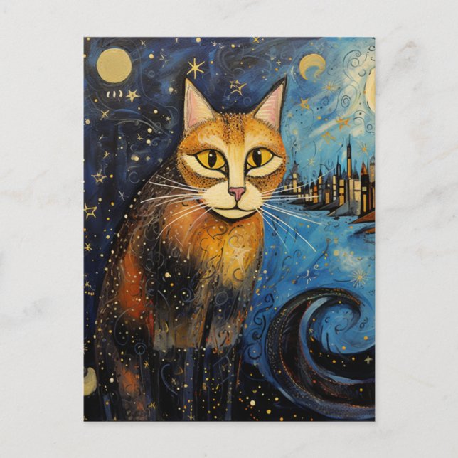 Postal Gato en la ciudad estrellada de la noche (Anverso)
