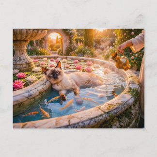 Postal Gato en la fuente del jardín al atardecer