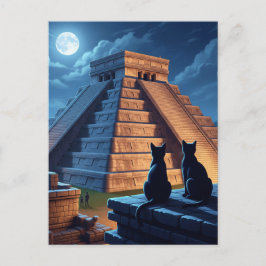 Postal Gato en la noche de Chichen Itza en México