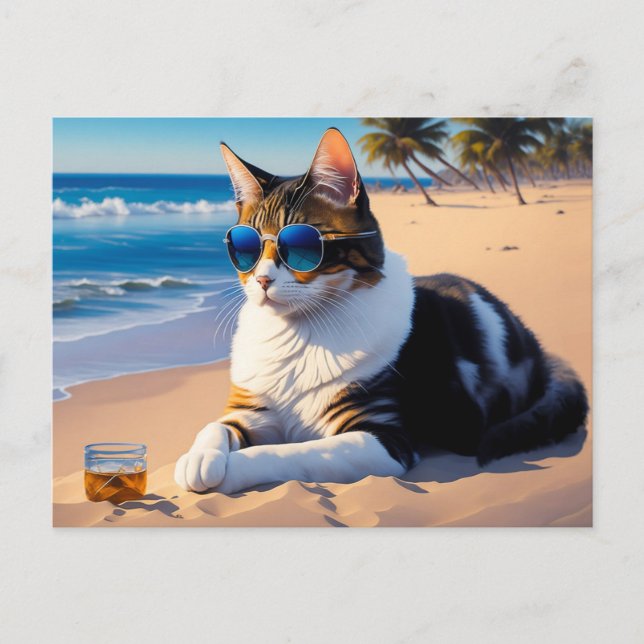 Postal Gato en la playa con un vaso de whisky (Anverso)