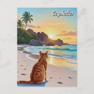 Postal Gato en la playa de Anse Source d'Argent en Seyche
