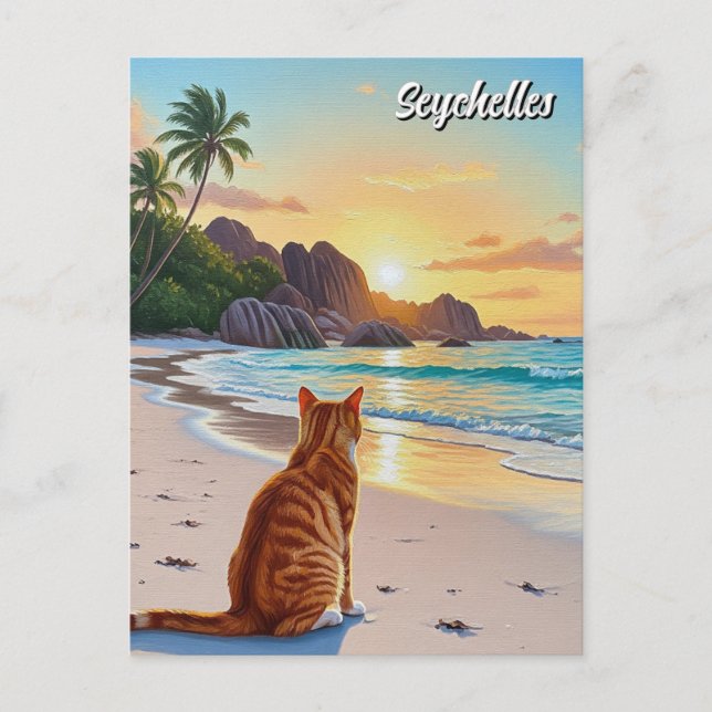 Postal Gato en la playa de Anse Source d'Argent en Seyche (Anverso)