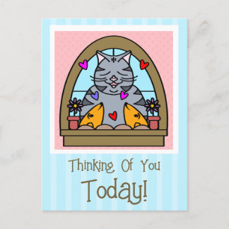 Postal Gato En La Ventana Con Pescado Pensando En Usted