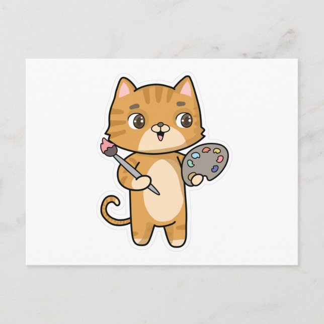 Postal Gato en pintura con color y pincel (Anverso)
