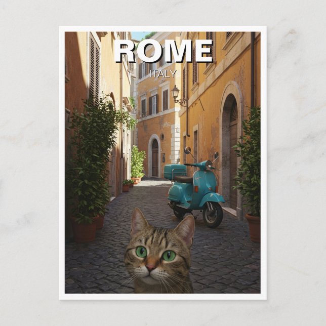 Postal Gato en Roma Calle adoquinada Italia (Anverso)