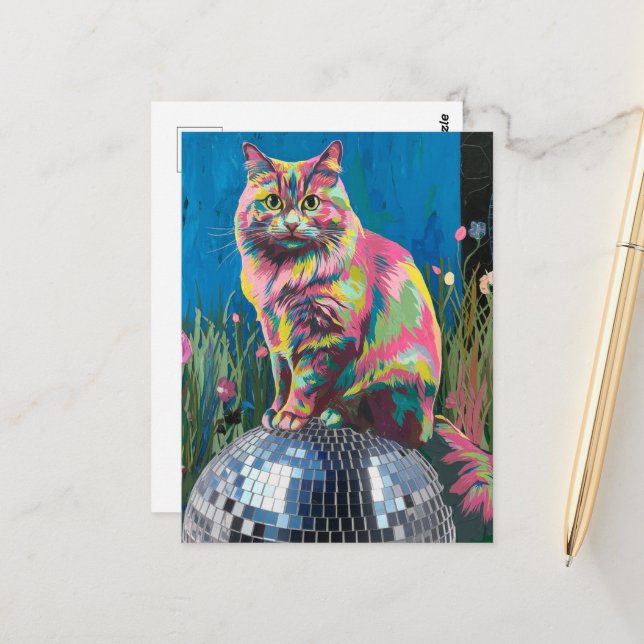 Postal gato en una bola de disco (Anverso/Reverso In Situ)