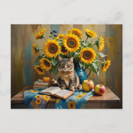 Postal Gato encantador con Bouquet de girasol