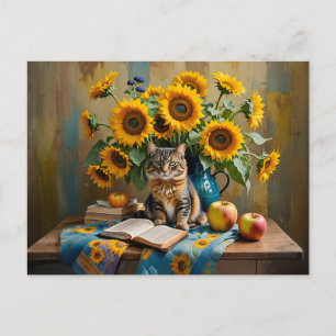 Postal Gato encantador con Bouquet de girasol