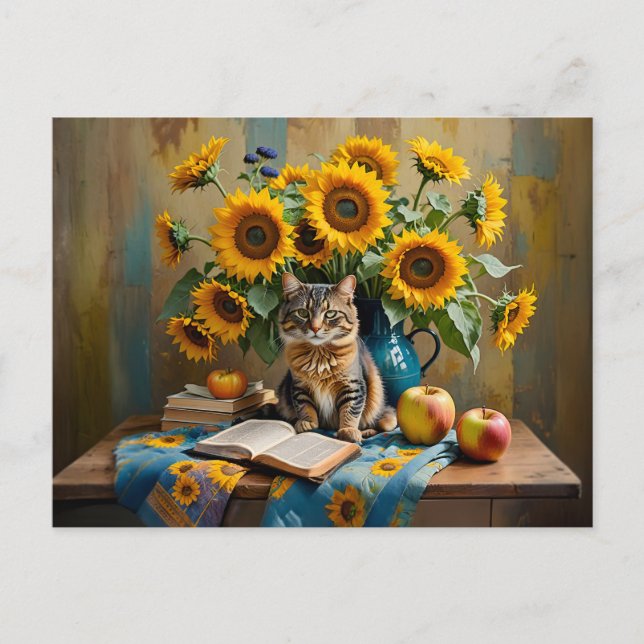 Postal Gato encantador con Bouquet de girasol (Anverso)