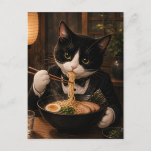 Postal Gato Esmoquin Comiendo Ramen