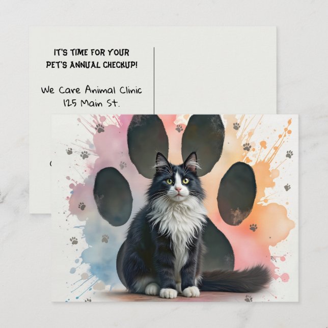 Postal Gato esmoquin con fondo de huella de pata (Anverso / Reverso)