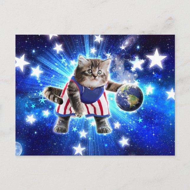 Postal Gato espacial jugando al baloncesto (Anverso)