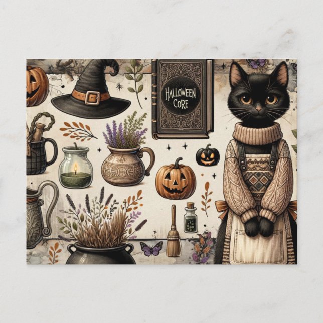 Postal Gato Espeluznante Halloween Core Junk Journaling (Anverso)