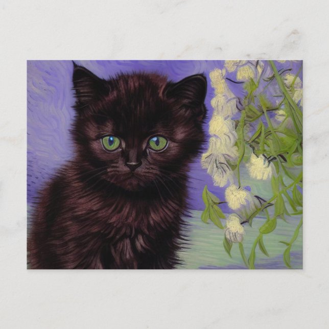 Postal Gato estilo Van Gogh con flores blancas (Anverso)