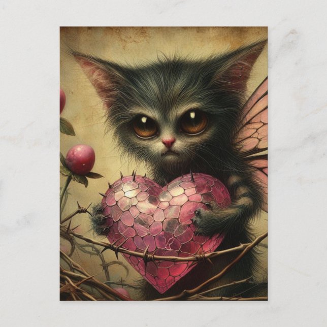 Postal Gato Fairy Pink Heart Brambles (Anverso)