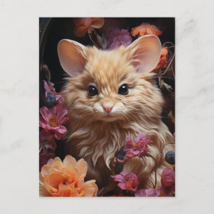 Postal Gato Fantasía Ratón en las Flores