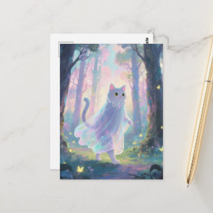 Postal Gato fantasma adorable en un bosque
